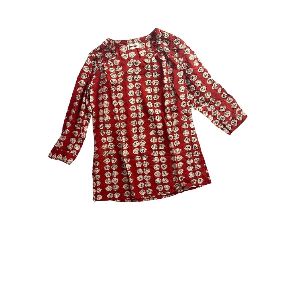 Fabindia Red Block Print Cotton Tunic Top Split Neck 3/4 Sleeve Small